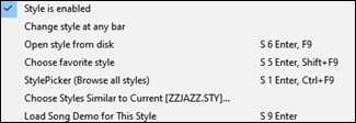 menu shown by clicking on the name of the styleame